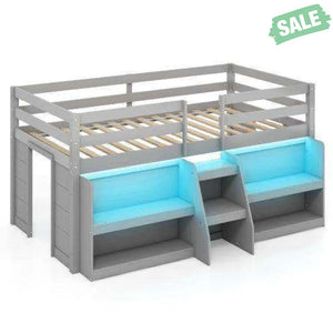 Twin Size Loft Bed with LED Lights with Staircase and Safety Guardrail-Grey Toddler Beds
