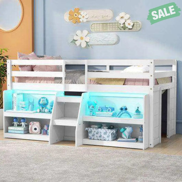 Twin Size Loft Bed with LED Lights with Staircase and Safety Guardrail-Grey Toddler Beds
