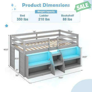 Twin Size Loft Bed with LED Lights with Staircase and Safety Guardrail-Grey Toddler Beds