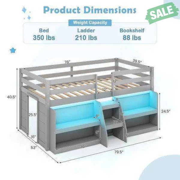 Twin Size Loft Bed with LED Lights with Staircase and Safety Guardrail-Grey Toddler Beds