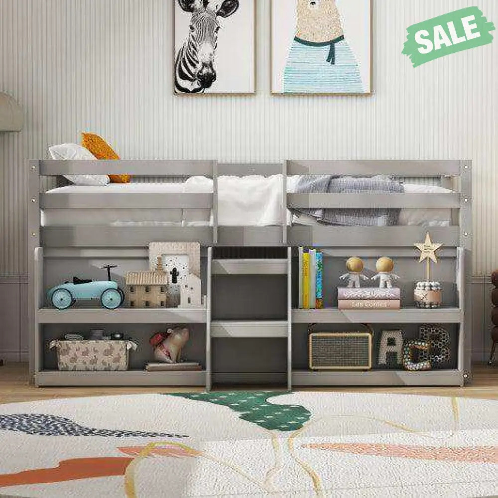 Twin Size Loft Bed with LED Lights with Staircase and Safety Guardrail-Grey Toddler Beds