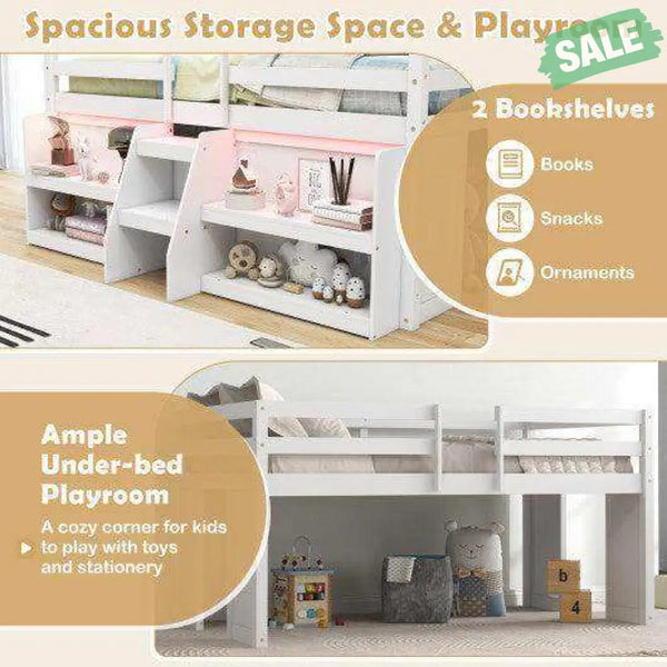 Twin Size Loft Bed with LED Lights with Staircase and Safety Guardrail-Grey Toddler Beds