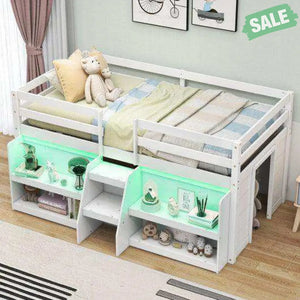 Twin Size Loft Bed with LED Lights with Staircase and Safety Guardrail-Grey Toddler Beds