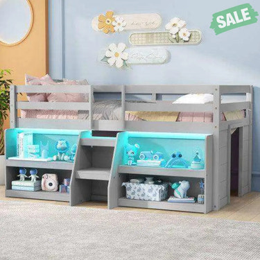 Twin Size Loft Bed with LED Lights with Staircase and Safety Guardrail-Grey Toddler Beds