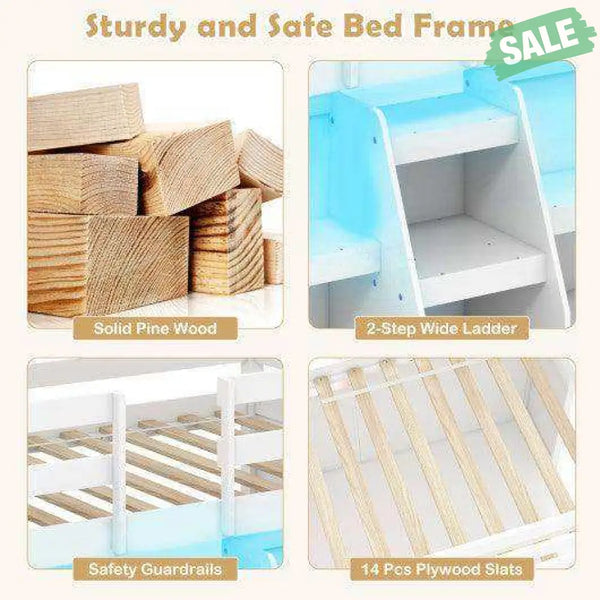 Twin Size Loft Bed with LED Lights with Staircase and Safety Guardrail-Grey White Toddler Beds