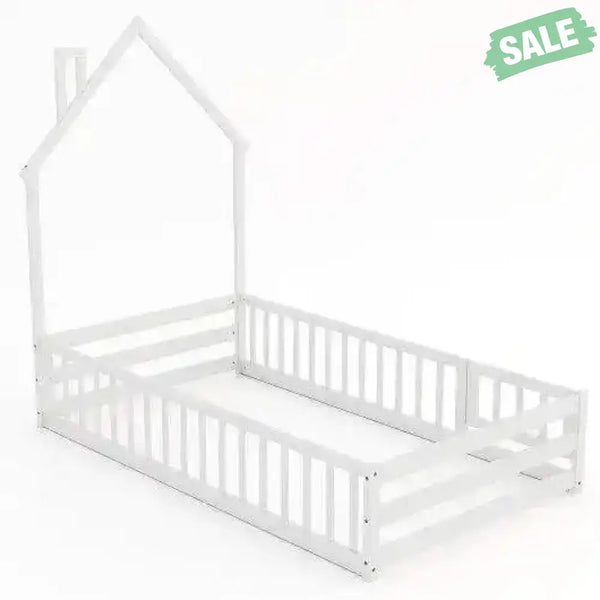 Twin Size Montessori Floor Bed with Lockable Door and Full-Length Guardrail-Gray Toddler Beds