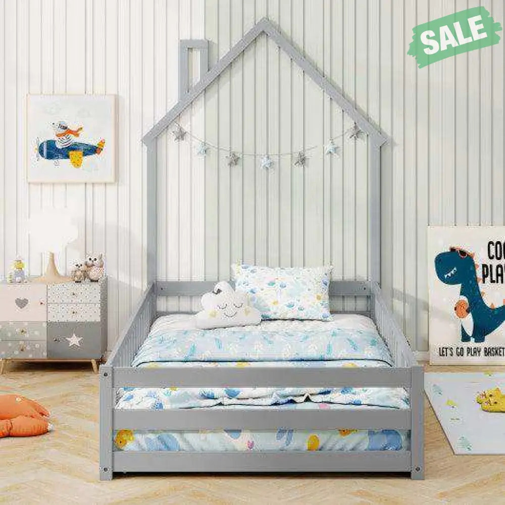 Twin Size Montessori Floor Bed with Lockable Door and Full-Length Guardrail-Gray Toddler Beds