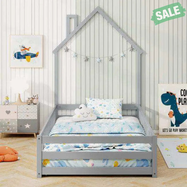 Twin Size Montessori Floor Bed with Lockable Door and Full-Length Guardrail-Gray Toddler Beds