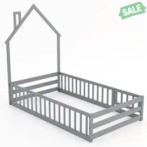 Twin Size Montessori Floor Bed with Lockable Door and Full-Length Guardrail-Gray Toddler Beds