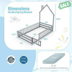Twin Size Montessori Floor Bed with Lockable Door and Full-Length Guardrail-Gray Toddler Beds