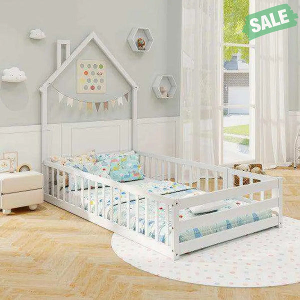 Twin Size Montessori Floor Bed with Lockable Door and Full-Length Guardrail-Gray Toddler Beds