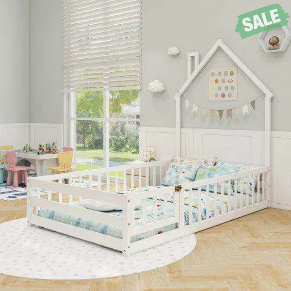 Twin Size Montessori Floor Bed with Lockable Door and Full-Length Guardrail-Gray Toddler Beds