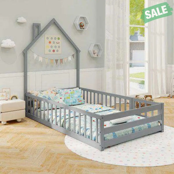 Twin Size Montessori Floor Bed with Lockable Door and Full-Length Guardrail-Gray Toddler Beds