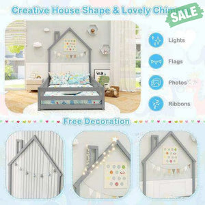 Twin Size Montessori Floor Bed with Lockable Door and Full-Length Guardrail-Gray Gray Toddler Beds