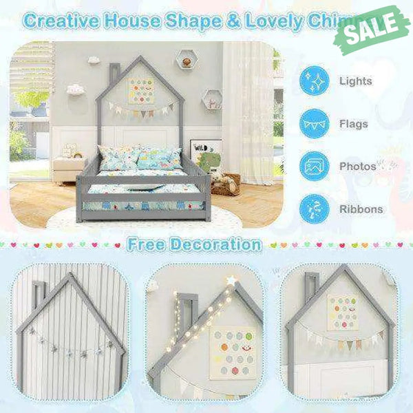 Twin Size Montessori Floor Bed with Lockable Door and Full-Length Guardrail-Gray Gray Toddler Beds