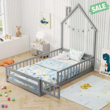 Twin Size Montessori Floor Bed with Lockable Door and Full-Length Guardrail-Gray Toddler Beds