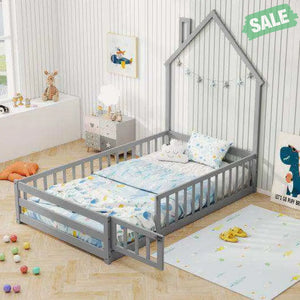 Twin Size Montessori Floor Bed with Lockable Door and Full-Length Guardrail-Gray Toddler Beds