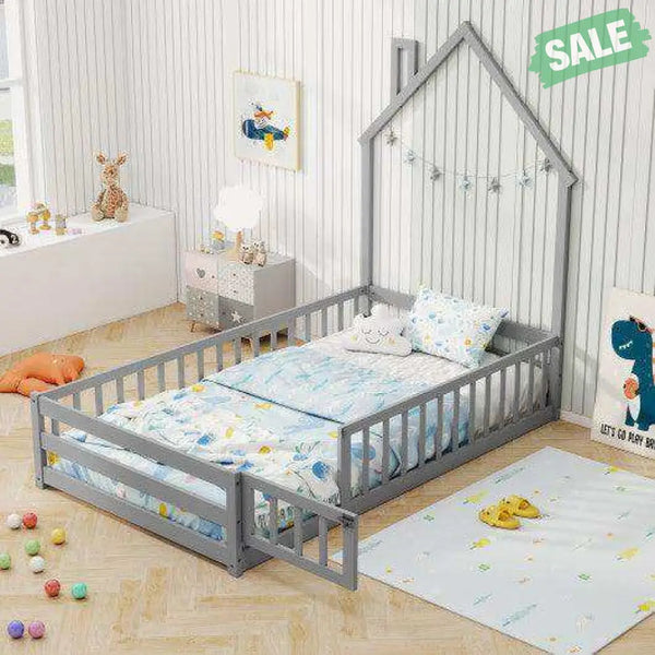 Twin Size Montessori Floor Bed with Lockable Door and Full-Length Guardrail-Gray Toddler Beds