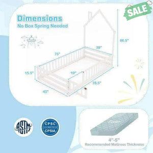 Twin Size Montessori Floor Bed with Lockable Door and Full-Length Guardrail-Gray Toddler Beds