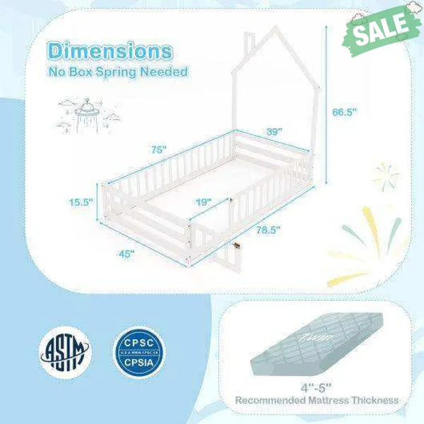 Twin Size Montessori Floor Bed with Lockable Door and Full-Length Guardrail-Gray Toddler Beds