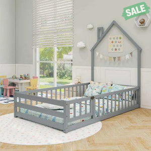 Twin Size Montessori Floor Bed with Lockable Door and Full-Length Guardrail-Gray Toddler Beds