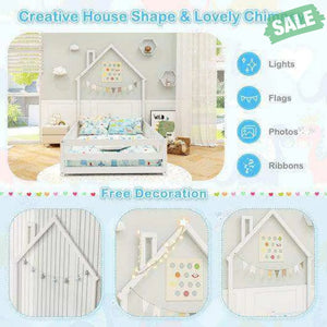 Twin Size Montessori Floor Bed with Lockable Door and Full-Length Guardrail-Gray White Toddler Beds