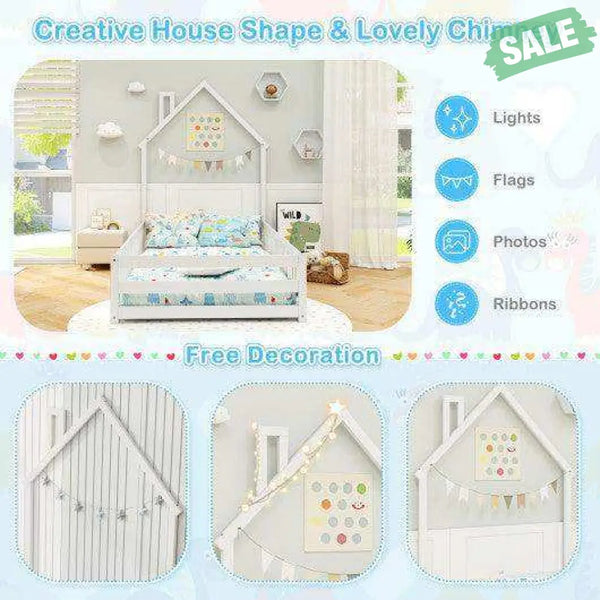 Twin Size Montessori Floor Bed with Lockable Door and Full-Length Guardrail-Gray White Toddler Beds