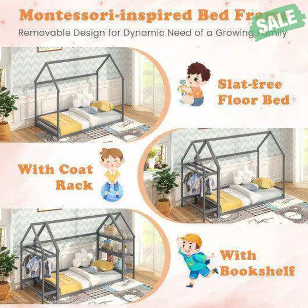 Twin Size Montessori Floor House Bed with Detachable Storage Shelves-Grey Gray Toddler Beds