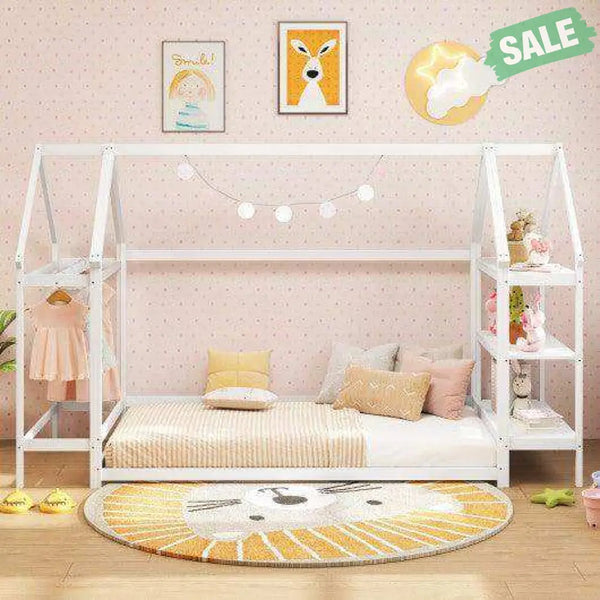 Twin Size Montessori Floor House Bed with Detachable Storage Shelves-Grey Toddler Beds