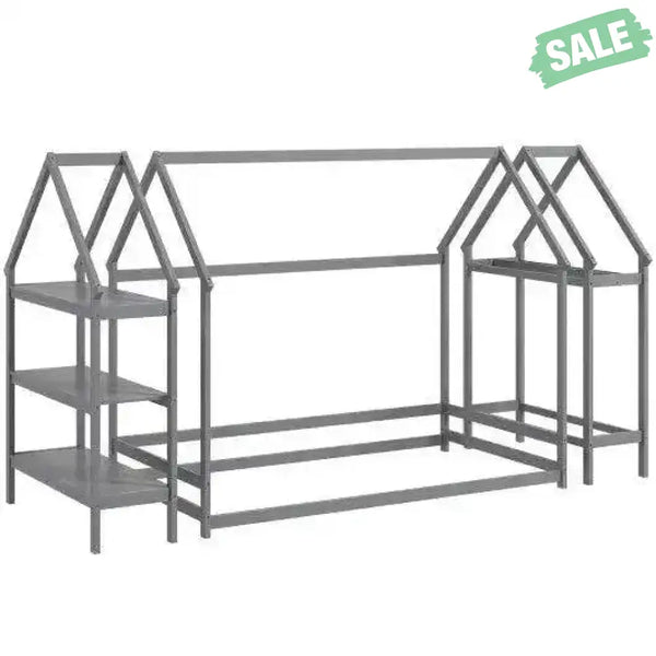 Twin Size Montessori Floor House Bed with Detachable Storage Shelves-Grey Toddler Beds