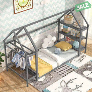 Twin Size Montessori Floor House Bed with Detachable Storage Shelves-Grey Toddler Beds
