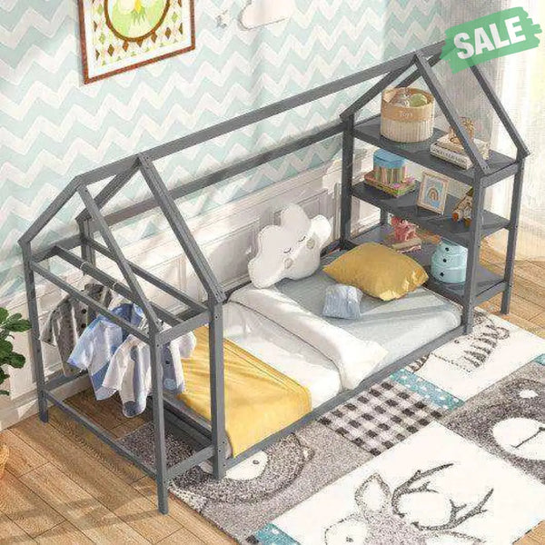 Twin Size Montessori Floor House Bed with Detachable Storage Shelves-Grey Toddler Beds