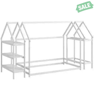 Twin Size Montessori Floor House Bed with Detachable Storage Shelves-Grey Toddler Beds