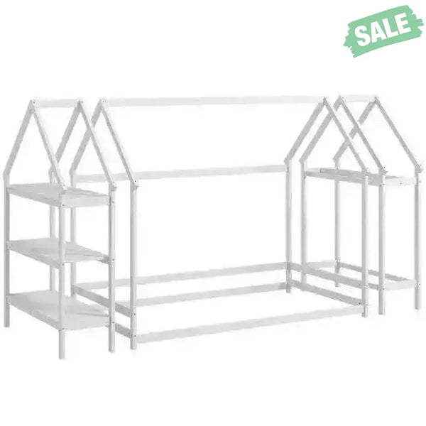 Twin Size Montessori Floor House Bed with Detachable Storage Shelves-Grey Toddler Beds