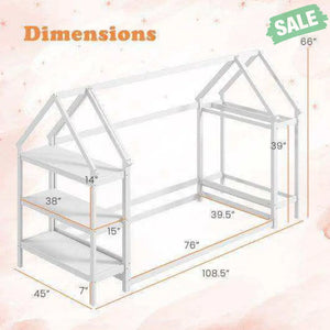 Twin Size Montessori Floor House Bed with Detachable Storage Shelves-Grey Toddler Beds