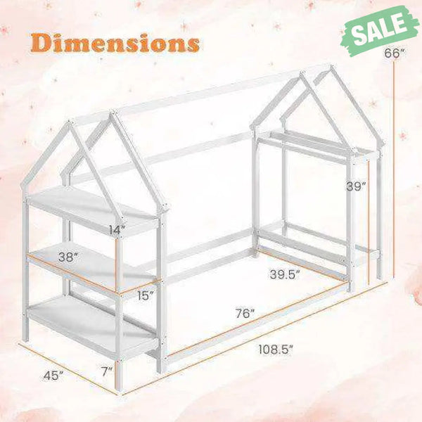 Twin Size Montessori Floor House Bed with Detachable Storage Shelves-Grey Toddler Beds