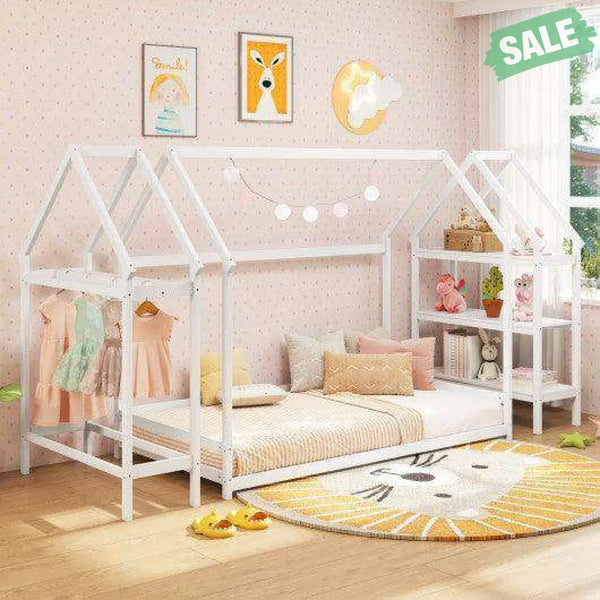 Twin Size Montessori Floor House Bed with Detachable Storage Shelves-Grey Toddler Beds