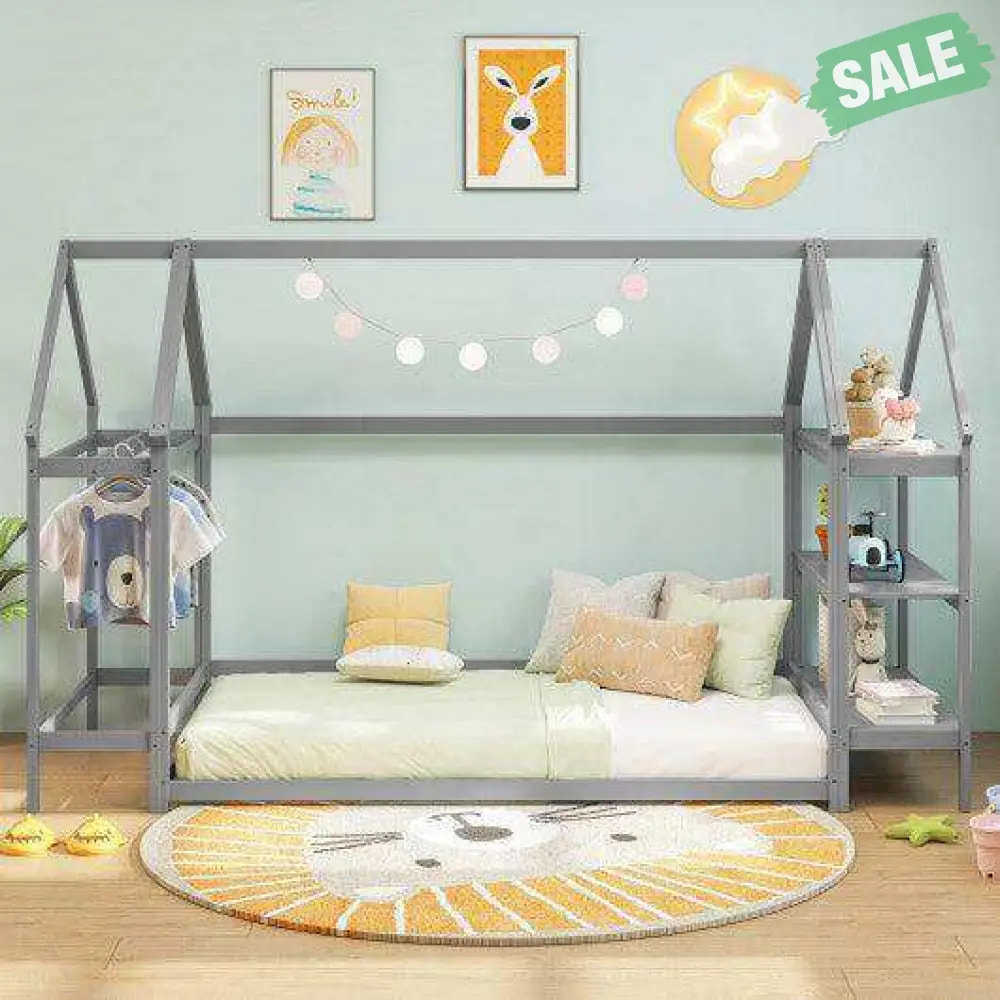Twin Size Montessori Floor House Bed with Detachable Storage Shelves-Grey Toddler Beds