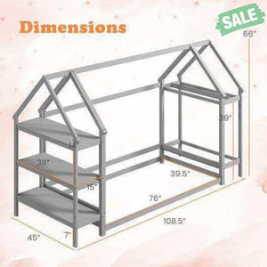 Twin Size Montessori Floor House Bed with Detachable Storage Shelves-Grey Toddler Beds