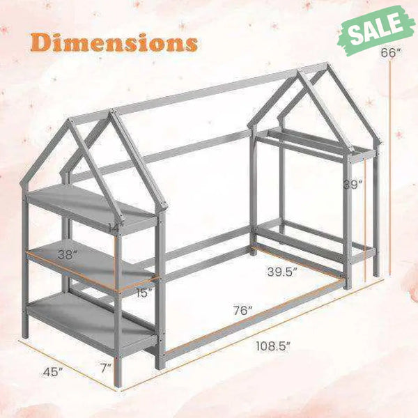 Twin Size Montessori Floor House Bed with Detachable Storage Shelves-Grey Toddler Beds