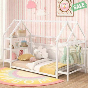 Twin Size Montessori Floor House Bed with Detachable Storage Shelves-Grey Toddler Beds