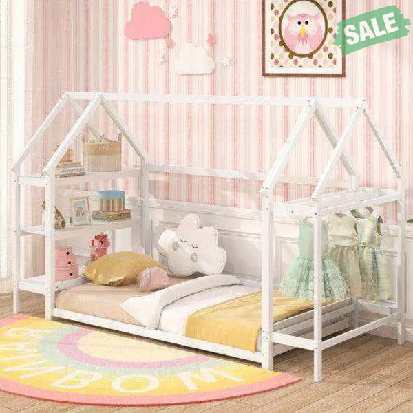 Twin Size Montessori Floor House Bed with Detachable Storage Shelves-Grey Toddler Beds