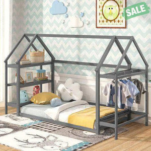 Twin Size Montessori Floor House Bed with Detachable Storage Shelves-Grey Toddler Beds