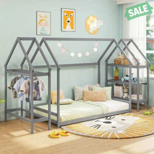 Twin Size Montessori Floor House Bed with Detachable Storage Shelves-Grey Toddler Beds