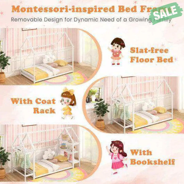 Twin Size Montessori Floor House Bed with Detachable Storage Shelves-Grey White Toddler Beds