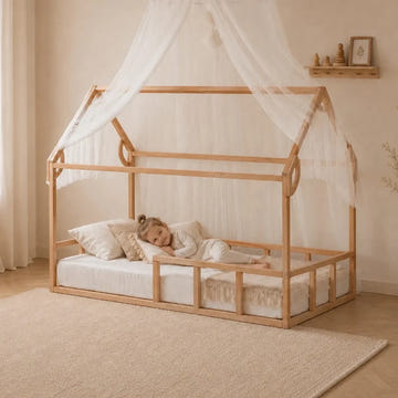 Twin Size Montessori House Bed for Kids with Fence