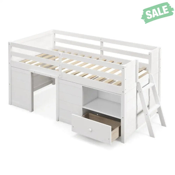 Twin Size Solid Wood Low Loft Bed with Storage and Drawer-White Toddler Beds