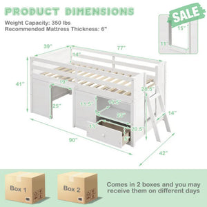 Twin Size Solid Wood Low Loft Bed with Storage and Drawer-White Toddler Beds