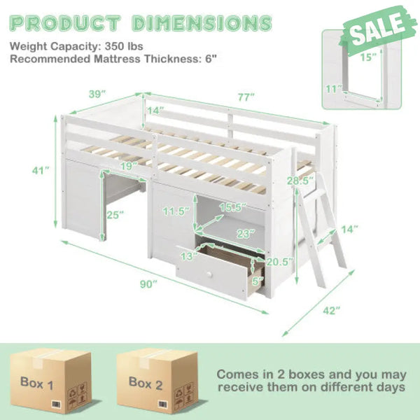 Twin Size Solid Wood Low Loft Bed with Storage and Drawer-White Toddler Beds