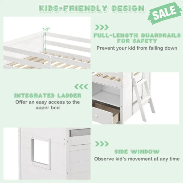 Twin Size Solid Wood Low Loft Bed with Storage and Drawer-White Toddler Beds